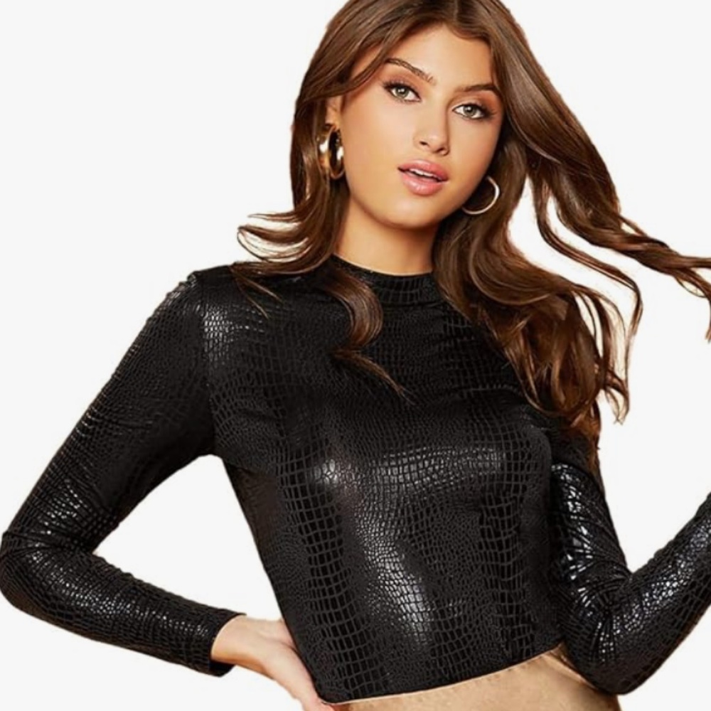 SHEIN Black Crocodile Mock Neck Long Sleeve Fitted Top Size Medium